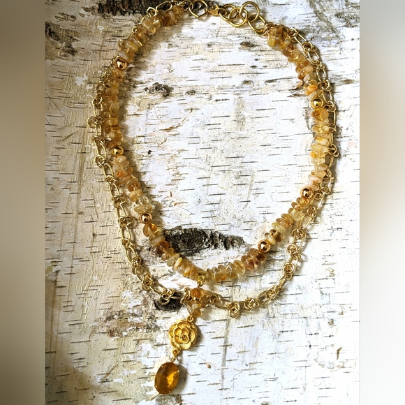 Natural Yellow Citrine Beads & Barbed Chain Two Strand Gold Plated Necklace - Picture 6 of 9
